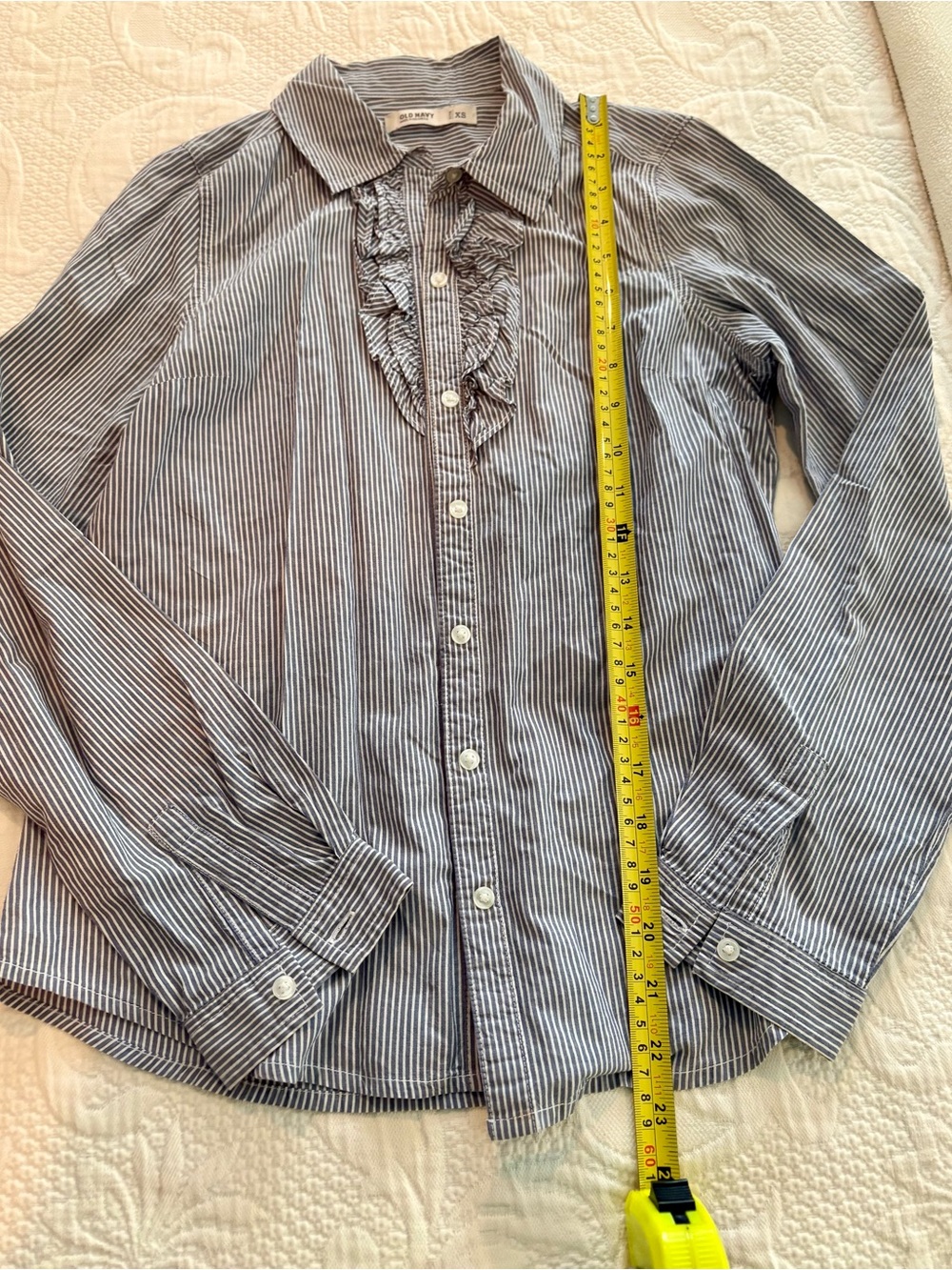 Old Navy Blue and White Striped Ruffle-Front Blouse